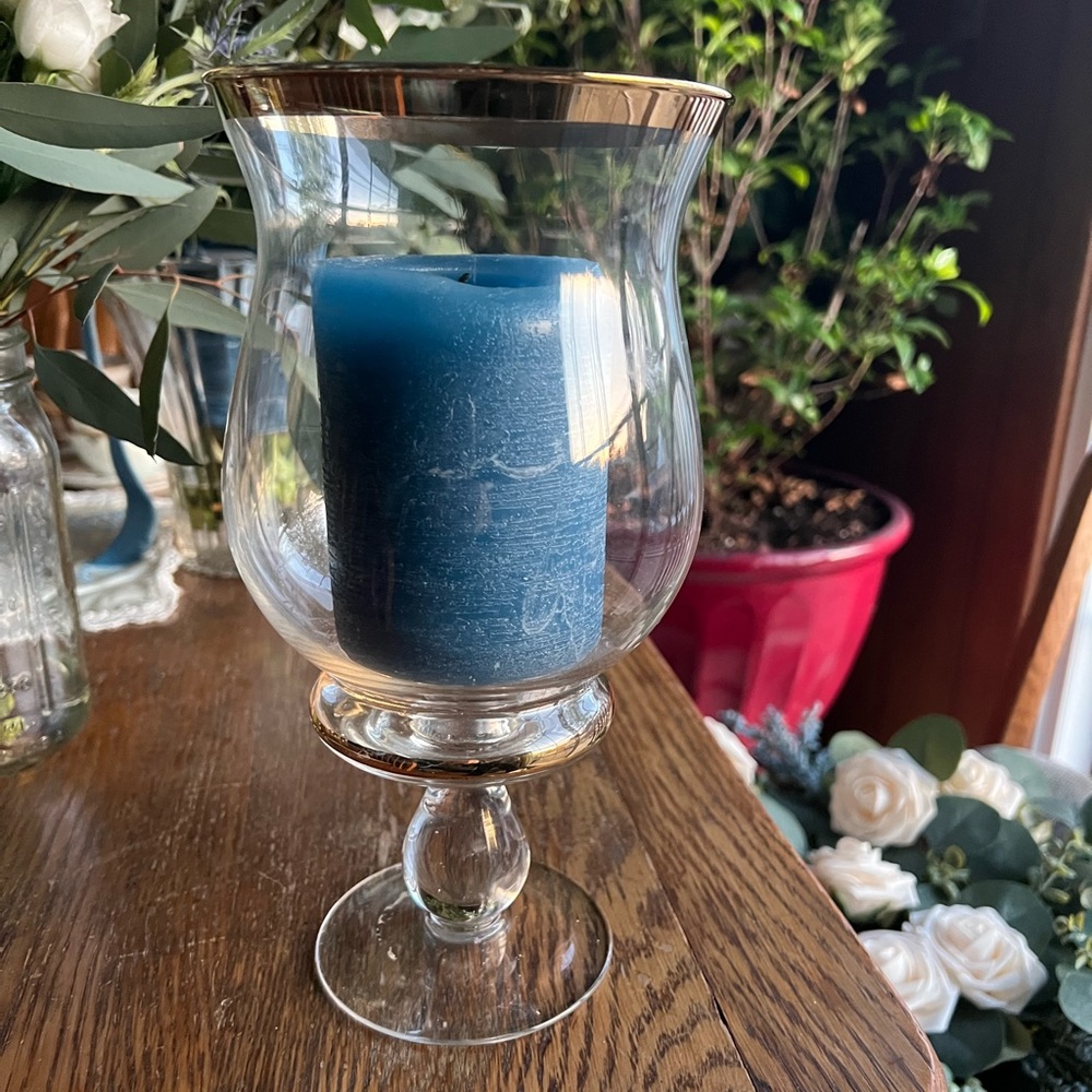 Glass Candle Holder w/ Gold Rim plus blue candle if desired